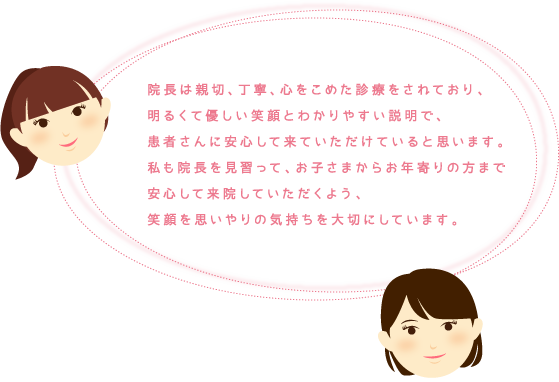 院長は親切、丁寧、心をこめた診療をされており、明るくて優しい笑顔とわかりやすい説明で、患者さんに安心して来ていただけていると思います。私も院長を見習って、お子さまからお年寄りの方まで安心して来院していただくよう、笑顔を思いやりの気持ちを大切にしています。